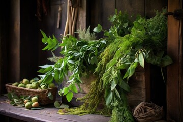 Poster - close-up of greenery for luck resting on a rustic doorstep