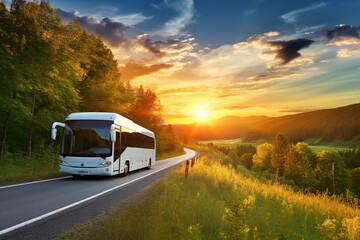 bus on asphalt road at sunset