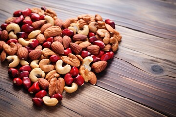 Poster - heart-shaped array of mixed nuts on a table