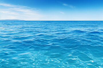 Blue water background with waves and ripples, horizon, blue sky and clouds. Panorama of blue clear ocean or sea water surface. Generative AI