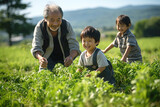 An old man and young children happy time in the field represent world eldery day
