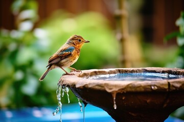 Wall Mural - a bird drinking from a backyard birdbath