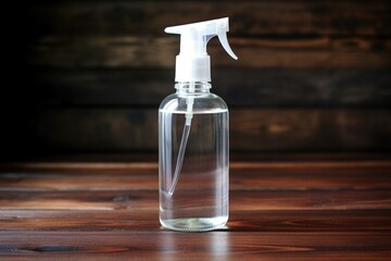 Poster - hand sanitizer in a clear bottle on a wooden table