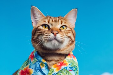 Wall Mural - smiling australian mist cat wearing a hawaiian shirt over periwinkle blue background