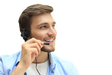 Wall Mural - Smiling friendly handsome young male call centre operator on a transparent background