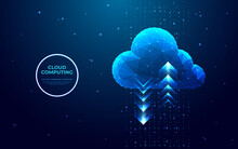 Abstract Cloud Technology. Digital Cloud Storage Sign With Two Arrows Up And Down On Dark Blue Technology Background. Big Data Center And Cloud Storage Concepts. Low Poly Wireframe Vector Illustration