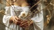 © Ramiro - Beautiful young woman wearing a retro white dress, holding a bouquet of flowers and weeds. Beautiful Boho style image in the forest, dreamy scene, fairy tale style. AI