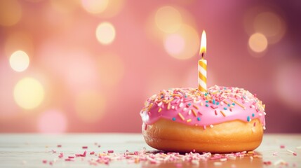 Wall Mural - Pink donut with a burning candle in the middle with bokeh light in the background, Birthday cake, Generative AI