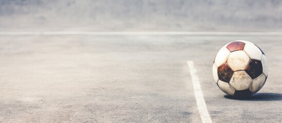 Wall Mural - Soccer ball viewed against textured street background representing various sports and recreational activities