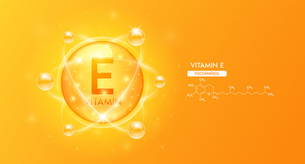 Orange vitamin E structure chemical formula. Collagen serum and vitamins complex bubble for cosmetics design. Beauty treatment nutrition skincare. Medical science concepts. 3D Vector.