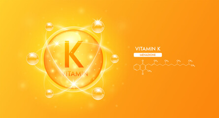 Orange vitamin K structure chemical formula. Collagen serum and vitamins complex bubble for cosmetics design. Beauty treatment nutrition skincare. Medical science concepts. 3D Vector.