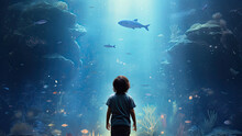 A Young Boy Gazing In Wonder At The Underwater World Of A Large Aquarium Tank Filled With Tropical Fish And Even A Shark.