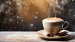 Cup of steaming coffee in a hygge atmosphere of a winter day. White mug of coffee on a table with a bokeh background. Banner with copy space.