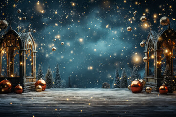 Poster - Christmas scene with a lantern, trees and blurred lights background. Christmas background