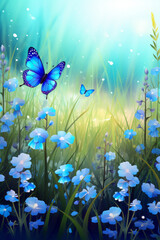 Beautiful summer or spring meadow with blue flowers of forget-me-nots and two flying butterflies. Wild nature landscape