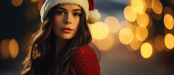 Wall Mural - Portrait of Stunning Young Woman Celebrating the Holidays in a Festive Christmas Setting, High-Quality Seasonal Photography