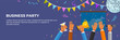 Office party happy people celebrating holidays flat vector landing page template. Corporate event concept. Business people having fun, feast and rejoice together. Successful team building activity