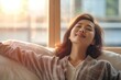 © kanpisut - Beautiful young asian woman in pajamas stretching on bed in the morning. generative ai