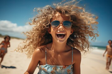 Wall Mural - Vacation concept. A happy little girl with curly hair in sunglasses has fun on a sandy beach in the summer. space for text. children's summer holidays