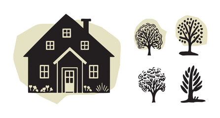 Wall Mural - Whimsical forest tree with building design collection vector organic style with colored blob. Woodland cottage for outdoor quirky linocut set. 