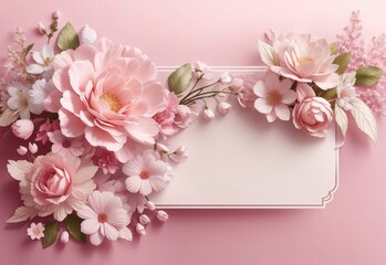 Poster - Banner with flowers on light pink background. Greeting card template for Wedding