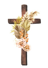 Wooden catholic cross decorated Boho flowers,  Hand drawn watercolor illustration isolated on white background