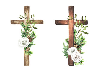 Wooden catholic cross decorated winter flowers set, Hand drawn watercolor illustration isolated on white background