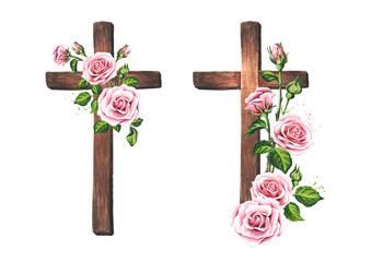 Wooden catholic cross decorated with rose flowers set, Hand drawn watercolor illustration isolated on white background