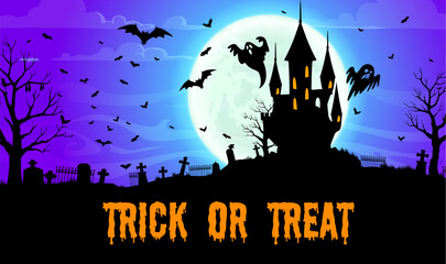 Wall Mural - Halloween castle landscape vector silhouette with ghosts and bats. Halloween holiday trick or treat horror night cemetery and haunted house under midnight sky with moon, spooky trees and tombstones