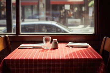 a red and white cloth table set in a restaurant Generative AI