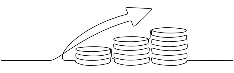 Wall Mural - Coins stack with growing arrow continuous one line drawing. Business money concept. Vector illustration isolated on white.