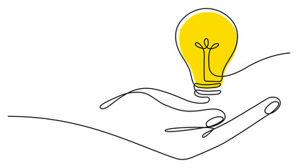 Wall Mural - lighting lightbulb on hand one continuous line drawing. electric yellow lamp. brainstorm linear symb