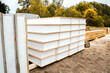 Building construction of wooden frame house made of SIP structural insulated panels. OSB oriented strand board, EPS expanded polystyrene. Energy-efficient eco-friendly green Canadian technology