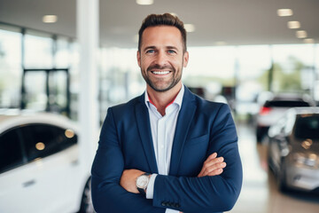 Wall Mural - Portrait of confident smiling consultant in car salon. Car dealer in showroom