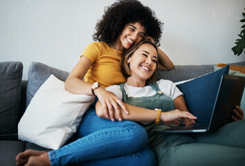 Poster - Lgbtq, laptop and couple relax on sofa for watching movies, streaming series and online videos. Dating, lesbian and happy women on computer for internet, bonding and relationship in living room