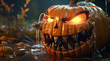 Wall Mural - halloween spooky pumpkin robot, garden and nature background generative ai
