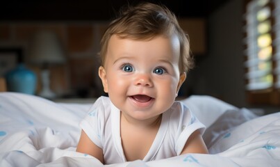 portrait of cute smiling baby girl on bed in her room