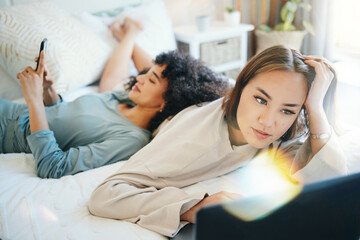 Wall Mural - Laptop, social media and morning with a lesbian couple in bed together in their home on the weekend. Diversity, computer and an lgbt woman browsing with her girlfriend in the bedroom for love