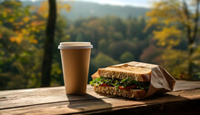 Cardboard Cup For Hot Coffee With A Sandwich With Delicious Toasts, Lettuce And Tomatoes On A Wooden Table. A Forest In The Background, Close-up. Design For Banners, Cards, Posters. AI Generated.