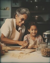 Grandmother and teenage granddaughter making homemade cookies in the kitchen at home together. Family recipe, sweets and baking, fresh food preparation