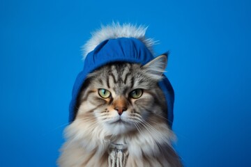 Wall Mural - siberian cat wearing a cool cap against a royal blue background