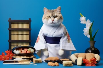 Wall Mural - ragamuffin cat wearing a sushi chef costume against a royal blue background