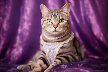 Canvas Print - american shorthair cat wearing a princess dress against a vibrant purple background