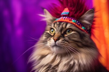 Canvas Print - siberian cat wearing a jester hat against a vibrant purple background