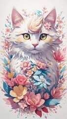  A Detailed Illustration Of A Colourful Cat, Fantasy Flowers Splash, Vintage T-shirt Design, Light White And Pink Pastel Tetradic Colors,  Fantasy Art, Watercolor Effect, Bokeh, Digital Painting.
