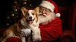 Santa Claus and santas helper corgi dog portrait. Happy Santa Claus with dog near Christmas tree. Santa for dogs sale web banner
