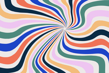 Wall Mural - Swirl sunburst background in 1960s 1970s hippie style. Wavy rainbow colors lines. Groovy pattern in retro style. Psychedelic vector design