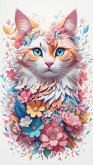  A Detailed Illustration Of A Colourful Cat, Fantasy Flowers Splash, Vintage T-shirt Design, Light White And Pink Pastel Tetradic Colors,  Fantasy Art, Watercolor Effect, Bokeh, Digital Painting.
