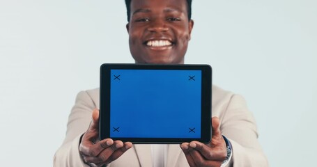 Wall Mural - Green screen, tablet and face of black man in studio with service, platform or offer in white background. Digital, news and portrait of entrepreneur with sign up, launch or guide, faq or presentation