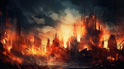 building destroyed city fire illustration destruction war, destroy background, red explosion buildin